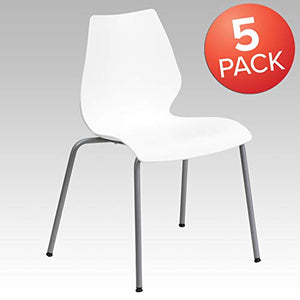 Flash Furniture Stack Chair 5 Pack - 770 lb. Capacity, White with Lumbar Support & Silver Frame