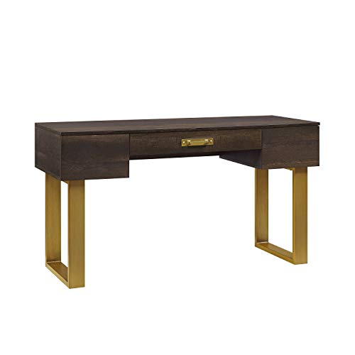 Modern Computer Desk Workstation Home Office Furniture 3 Drawers Storage Organize Laptop PC Table Study Writing Reading Console Table Brown Gold Accent