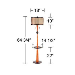 Franklin Iron Works Rustic Farmhouse Floor Lamp with Tray Table and USB Port 64.75" Tall - Painted Bronze Faux Wood Oatmeal Linen Drum Shade