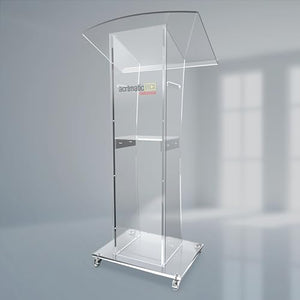 Acrtmatic Clear Acrylic Rolling Podium Stand, 47-inch with Storage Shelf