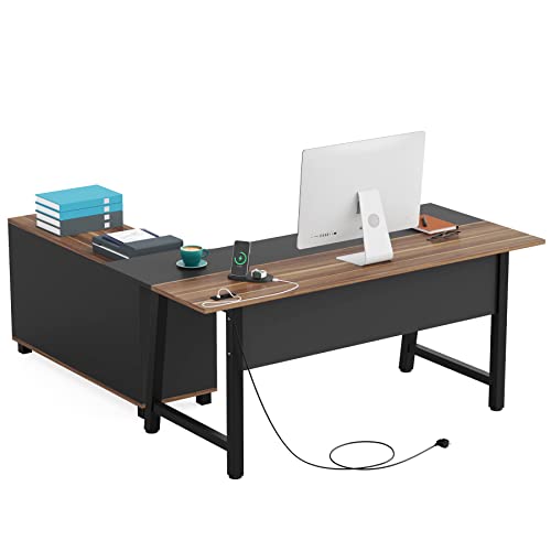 Tribesigns Extra Large L-Shaped Executive Desk with Power Outlet, File Cabinet, and Printer Stand