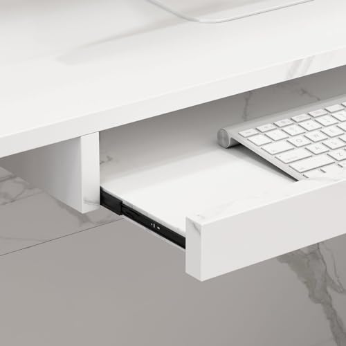 MOUMON L-Shaped Reception Desk with Storage, Marble White (55.9”W x 32.3”D x 48.4”H)