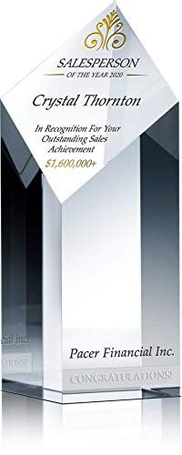 Custom Engrave Crystal Diamond Shaped Salesperson of The Year Award Trophy, Personalized with Recipient and Company Name, Unique Crystal Corporate Sales Recognition Award (XL - 12")