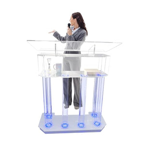 LAYIQDC Acrylic LED Podium with 3 Tiers, 6 Column Base, and Wide Middle Shelf (39.4" L x 17.7" W x 46.6")