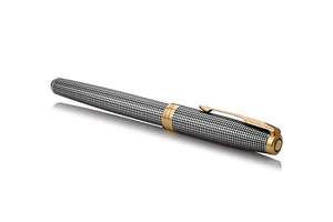 PARKER Sonnet Fountain Pen, Prestige Chiseled Silver with Gold Trim, Solid 18k Gold Medium Nib