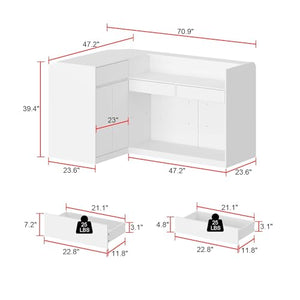 FAMAPY L-Shaped Reception Desk with Drawers, Shelves, Cabinet - White (70.9” x 47.2” x 39.4”)