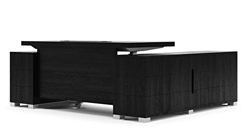 Zuri Furniture Ford Executive Modern Adjustable Height Desk with Left Return and Filing Cabinets - Black Oak