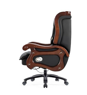 Generic Executive Office Chair - Fully Reclining Genuine Leather, Solid Oak Wood (Black)