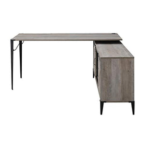Knocbel Industrial L-Shaped Computer Desk with Sliding Barn Door Storage Cabinet, Home Office Workstation Writing Desk with Metal Legs, 65" L x 65" W x 31" H (Gray Oak and Black)