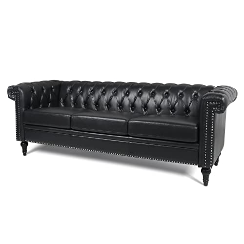 Generic 82.5 Inch Width Traditional Square Arm Removable Cushion 3-Seater Sofa Black Solid Polyurethane