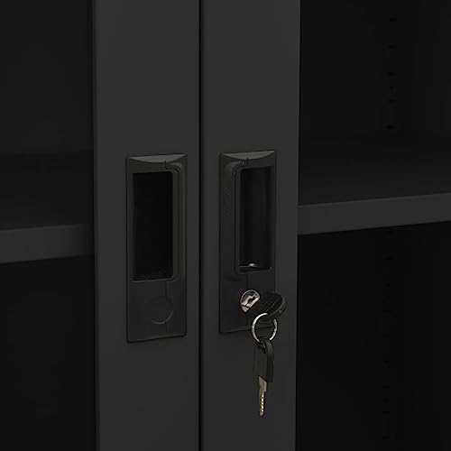 HLELU Steel Office Cabinet with Glass Doors, Lockable, Anthracite Color, 35.4" x 15.7" x 70.9