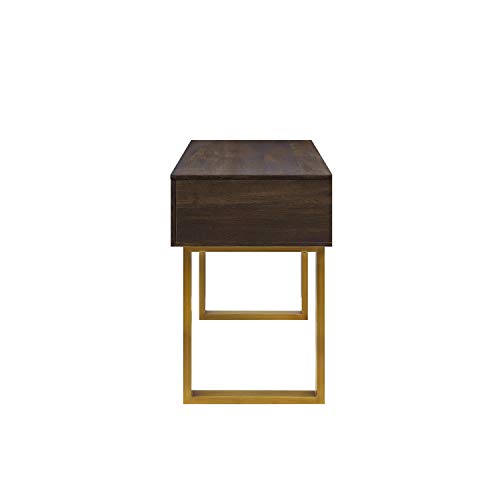 Modern Computer Desk Workstation Home Office Furniture 3 Drawers Storage Organize Laptop PC Table Study Writing Reading Console Table Brown Gold Accent