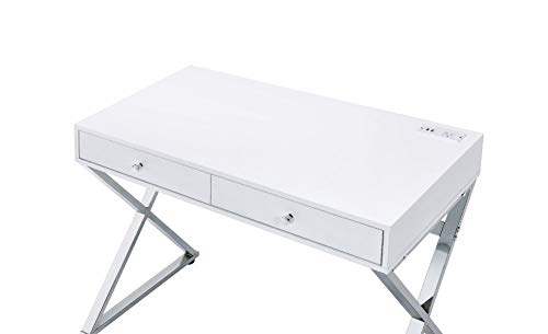 Knocbel Console Table Industrial Computer Desk with Storage Drawers, Built-in USB Port and Socket, Home Office Workstation Writing Table with X-Shaped Metal Base 42"L x 19"W x 31"H(White and Chrome)