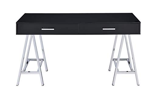 Knocbel Contemporary Computer Desk with Storage Drawers, Home Office Workstation Writing Table with Metal Sawhorse Base, Black Glossy Finish, 54" L x 22" W x 32" H (Black and Chrome)