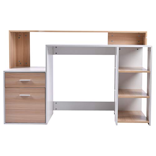 HOMCOM 54" Multi-Level Modern Design Home Office Desk with 3 Storage Shelves & 2 Pull-Out Drawers, Oak