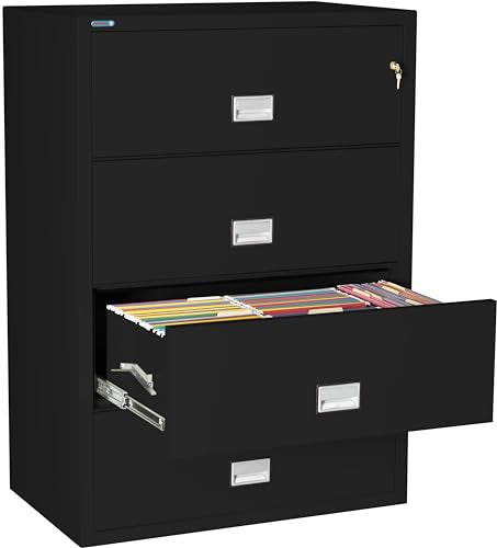 PHOENIX SAFE INTERNATIONAL LLC Fireproof 4-Drawer Lateral File Cabinet, 38 inch, Key Lock, Water Seal, Black