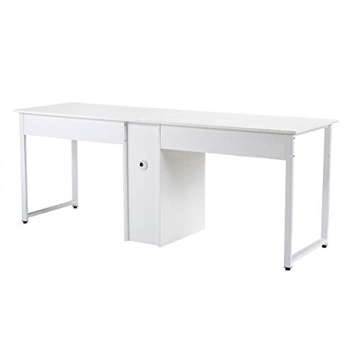 Mrs Bad Home Office Two Person Desk,Double Workstation Office Desk Writing Study Desk,Extra Long Computer Desk with Book Shelf (White)