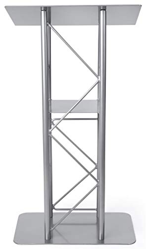 Displays2go Silver Aluminum & Steel Truss Curved Lectern with Built-in Shelf, 47" Tall