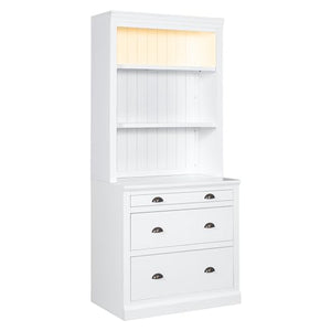 Merax 83.4" Tall Storage Bookshelf & Writing Desk Suite with LED Lighting, Drawers, Open Shelves - 2-Piece Set, White