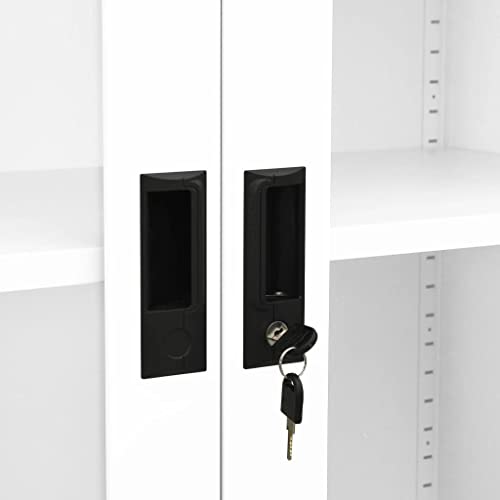 vidaXL White Steel and Tempered Glass Scandinavian Style Office Cabinet with Adjustable Shelves and Lock - 35.4"x15.7"x70.9