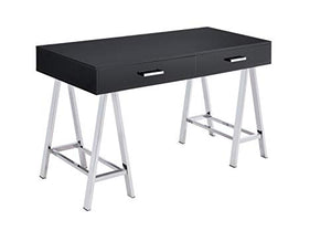 Knocbel Contemporary Computer Desk with Storage Drawers, Home Office Workstation Writing Table with Metal Sawhorse Base, Black Glossy Finish, 54" L x 22" W x 32" H (Black and Chrome)
