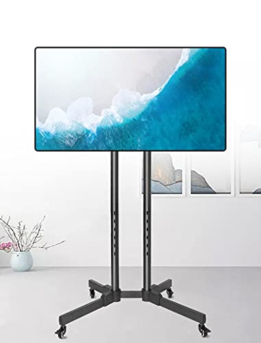 YokIma TV Stand for 55 65 Inch TV, Black Mobile TV Stand On Wheels, Height Adjustable - Holds 110 Lbs
