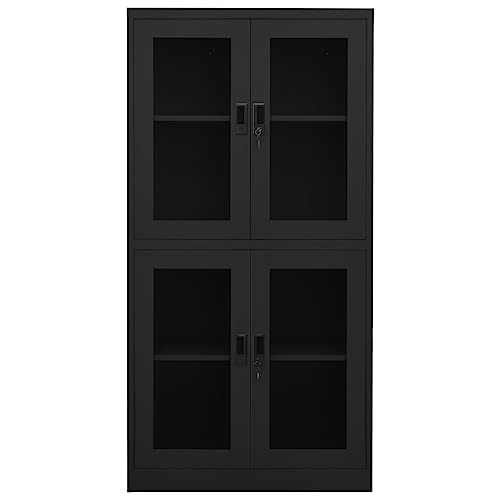 HLELU Steel Office Cabinet with Glass Doors, Lockable, Anthracite Color, 35.4" x 15.7" x 70.9