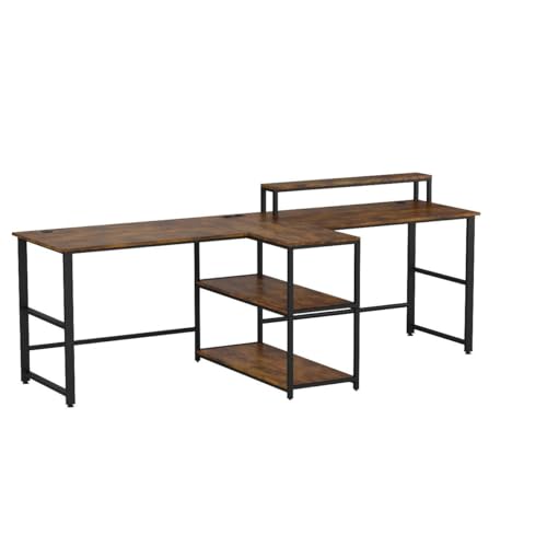 SEDETA 94.5" Home Office Gaming Desk with Storage, LED Lights, Power Strip, Keyboard Tray & Monitor Stand, Rustic Brown