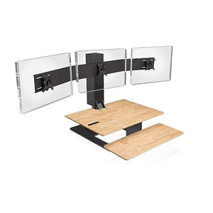 UPLIFTDESK E7 Electric Standing Desk Converter - Black Base, Natural Rubberwood Worksurface (Triple Monitor)