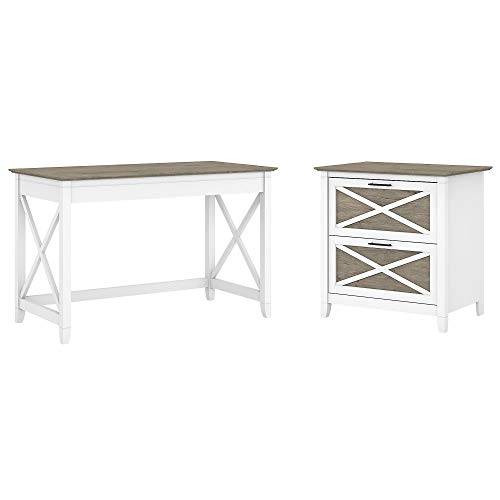 Bush Furniture Key West Writing Desk with 2 Drawer Lateral File Cabinet, 48W, Pure White and Shiplap Gray