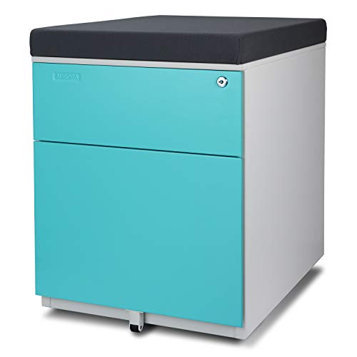 Aurora Mobile File Cabinet 2-Drawer Metal with Comfort Seat Cushion, Lock Key - White/Aqua Blue