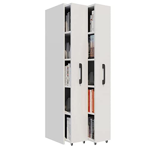 Removable Sliding Narrow Bookcase with Built-in 5 Shelves, Side Drawers, Wheels, Height Adjustable - 52 x 45 x 140cm