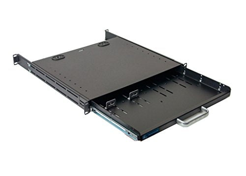 RSF1111BK21F4K3 1U Compact Rack Mount Keyboard Drawer with Retractable Mouse pad for Either Right or Left Hand Operator Supports 4 Post Rack from 18.85 inch up to 31 inch Depth Rack Cabinet