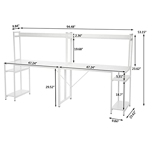 Two Person Computer Desk with Hutch and Storge Shelves, 94.5 inches Double Workstation Desk Extra Large Home Office Desk Multifunction Writing Desk (White)