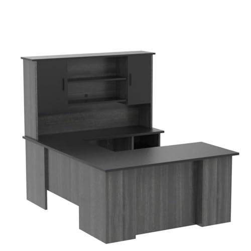 Bestar Norma 71W U or L-Shaped Executive Desk with Hutch in Black & Bark Gray
