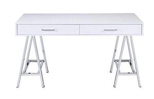 Knocbel 54in Contemporary Computer Desk with Storage Drawers, Built-in USB Port and Socket, Home Office Workstation Writing Table with Metal Legs (High Gloss White and Chrome)