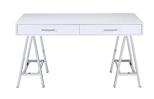 Knocbel 54in Contemporary Computer Desk with Storage Drawers, Built-in USB Port and Socket, Home Office Workstation Writing Table with Metal Legs (High Gloss White and Chrome)