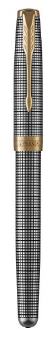 PARKER Sonnet Fountain Pen, Prestige Chiseled Silver with Gold Trim, Solid 18k Gold Medium Nib