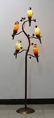 Makenier Vintage Tiffany Style Stained Glass 5-Light Parrot Tree Branch Bedroom Living Room Study Floor Lamp
