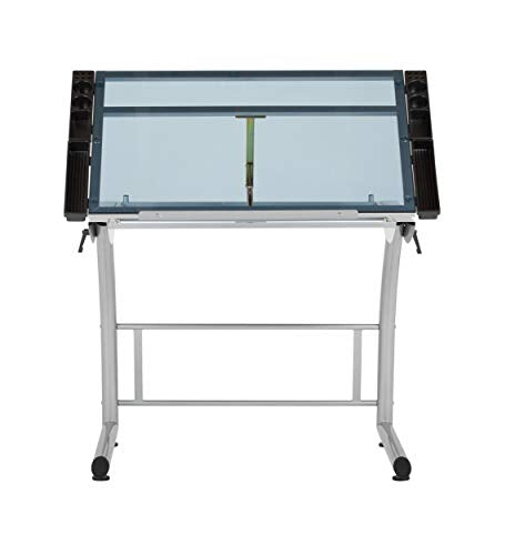 SD STUDIO DESIGNS Triflex Drawing Table, Sit to Stand Up Adjustable Office Home Computer Desk, 35.25" W X 23.5" D, Silver/Blue Glass