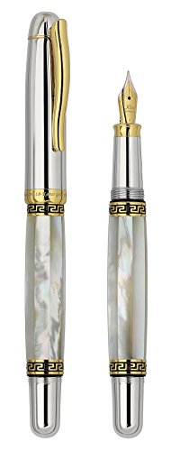 Xezo Maestro Mother of Pearl, Platinum and 18K Gold Finish Medium Point Handcrafted Serialized Fountain Pen. No Two Alike