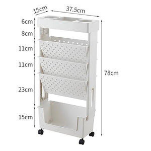 NEOFEN 5 Tier Mobile Bookshelf Rolling Book Rack with Wheels - White, 5 Tier