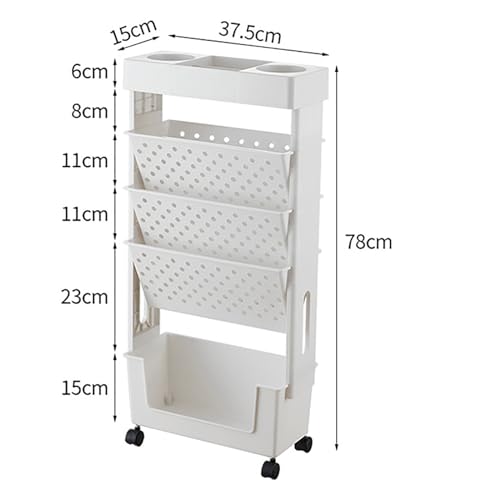 NEOFEN 5 Tier Mobile Bookshelf Rolling Book Rack with Wheels - White, 5 Tier