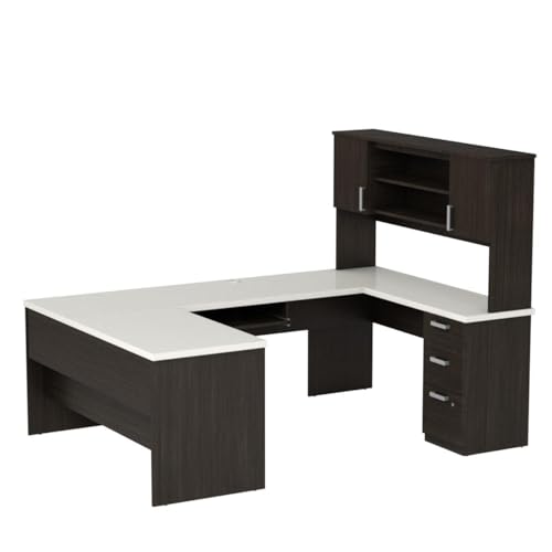 Bestar Ridgeley U-Shaped Executive Desk with Pedestal and Hutch 65W in White Chocolate