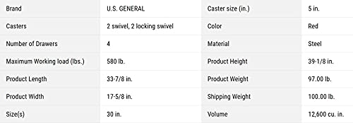 U.S. GENERAL SERIES 2 30 In. 4 Drawer Tech Cart - RED/BLACK/GREEN/YELLOW/ORANGE/BLUE