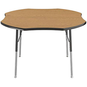 FDP Clover Activity School and Office Table (48 x 48 inch), Standard Legs with Swivel Glides for Collaborative Seating Environments, Adjustable Height 19-30 inches - Oak Top and Black Edge