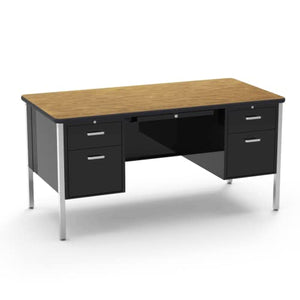 Virco 546 Teacher's Desk Double Pedestal File with Lockable Compartments - Fixed Height 29 5/8" - Black Frame, Medium Oak Surface (50 Desk)