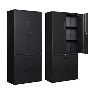 SISESOL Metal Storage Cabinet with Drawers, 71" File Cabinets - Black, 2 Drawers