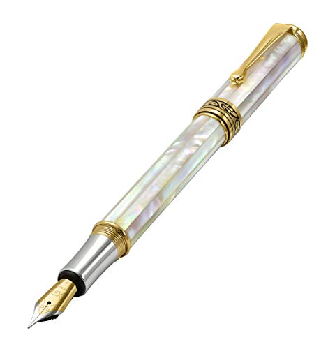 Xezo Maestro Handcrafted from Oceanic Origin Iridescent White Mother of Pearl Serialized Fine Fountain Pen. 18K Gold, Platinum Plated. No Two Alike