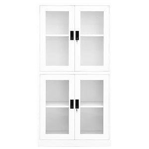 vidaXL White Steel and Tempered Glass Scandinavian Style Office Cabinet with Adjustable Shelves and Lock - 35.4"x15.7"x70.9